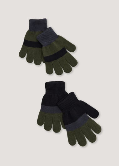 Boys 2 Pack Navy & Khaki Stripe Magic Gloves