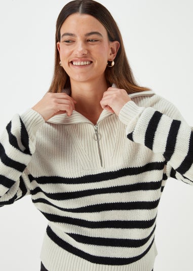 Cream Stripe Collar Zip Up Jumper