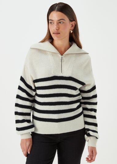 Cream Stripe Collar Zip Up Jumper