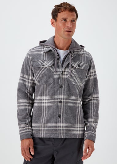 Grey Check Print Hooded Overshirt