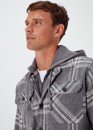 Grey Check Print Hooded Overshirt