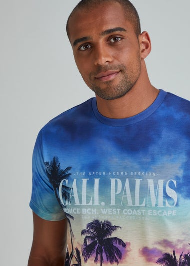 Blue LA Palm Tree Print T-Shirt