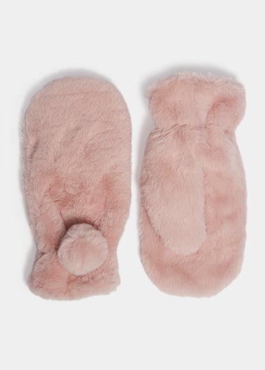 Girls Pink Faux Fur Mittens (3-11yrs)