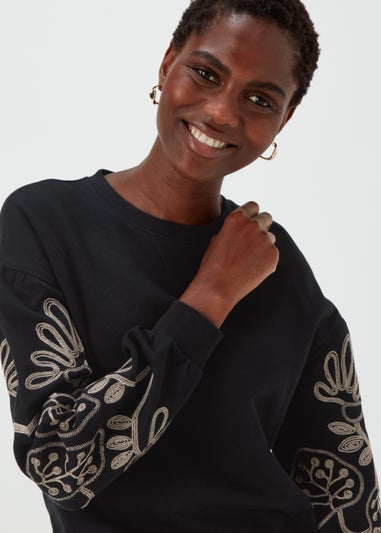 Black Floral Embroidery Sleeve Sweatshirt