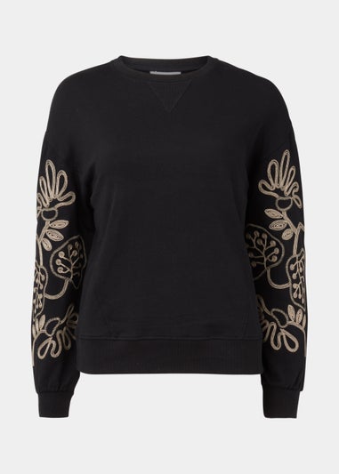 Black Floral Embroidery Sleeve Sweatshirt