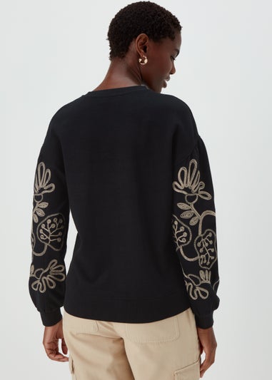 Black Floral Embroidery Sleeve Sweatshirt