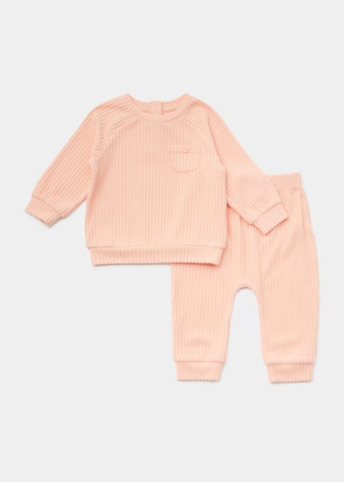 Baby Pink Ribbed Velour Sweatshirt & Leggings Set (Newborn-23mths)