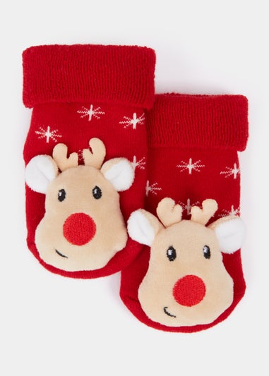 Red Christmas Rudolph Baby Socks & Rattle Set (Newborn-23mths)