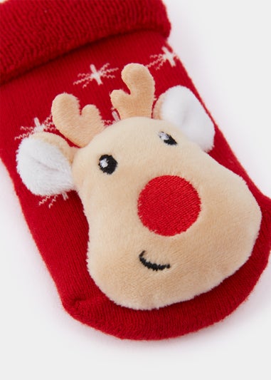 Red Christmas Rudolph Baby Socks & Rattle Set (Newborn-23mths)