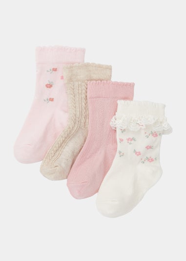 4 Pack Plain & Floral Baby Socks (Newborn-23mths)