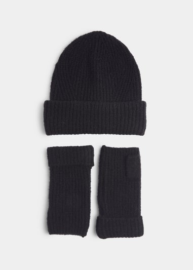 Black Ribbed Beanie Hat & Fingerless Gloves Set