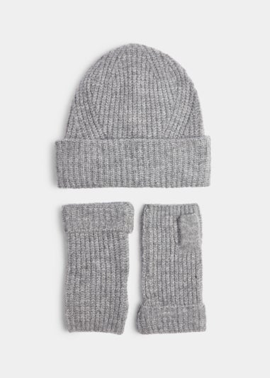 Grey Ribbed Beanie Hat & Fingerless Gloves Set