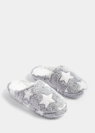 Grey Star Print Mule Slippers - Medium