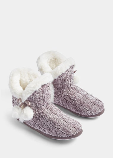 Grey Knitted Pom Pom Boot Slippers