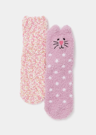 Girls 2 Pack Pink Cat Slipper Socks (Younger 6-Older 5.5)