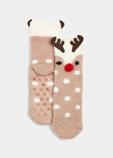 Kids Brown Christmas Reindeer Slipper Socks (Younger 6-Older 5.5)