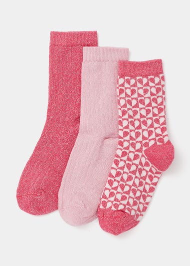 Girls 3 Pack Pink Glitter Ribbed Ankle Socks (Younger 6-Older 5.5)