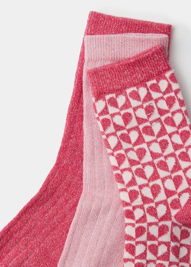 Girls 3 Pack Pink Glitter Ribbed Ankle Socks (Younger 6-Older 5.5)