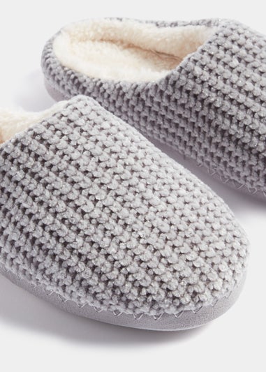 Grey Metallic Embroidered Mule Slippers