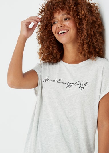 Grey Marl Slogan Longline T-Shirt