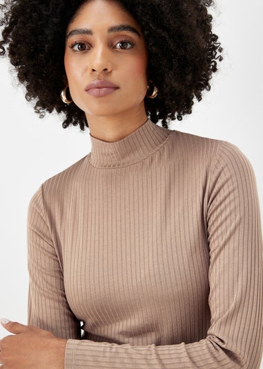 Brown High Neck Ribbed Top