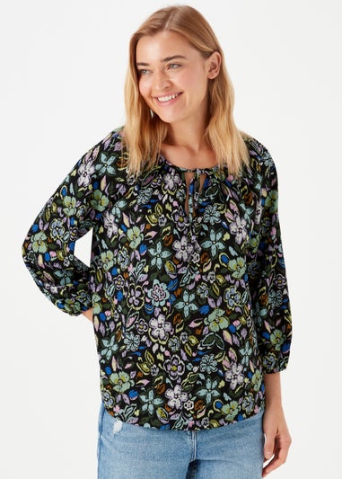 Green Print Textured Boho Top