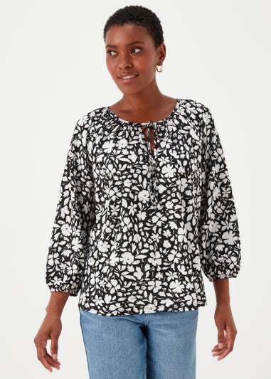 Black Print Textured Boho Top