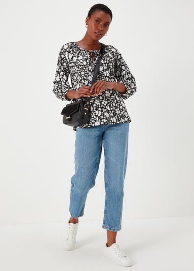 Black Print Textured Boho Top