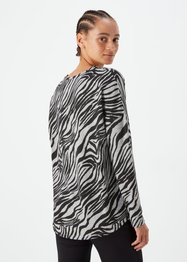 Grey Marl Zebra Print Crew Neck Jumper