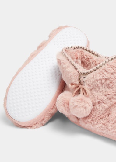 Pink Embroidered Pom Pom Bootie Slippers