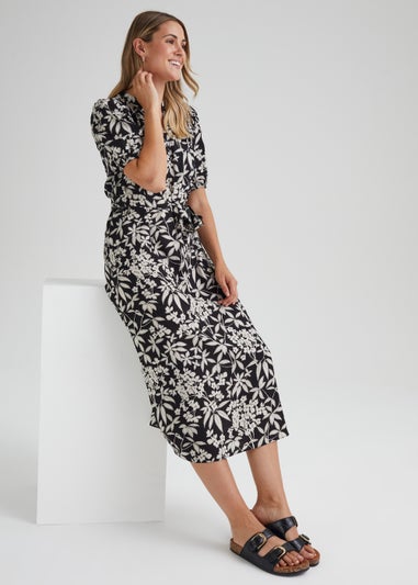 Black Floral Belted Midi Dress