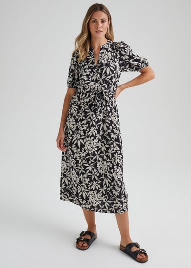 Black Floral Belted Midi Dress