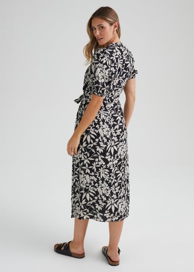 Black Floral Belted Midi Dress