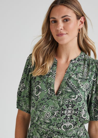 Green Tile Print Belted Midi Dress