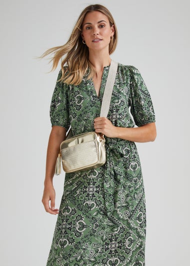 Green Tile Print Belted Midi Dress