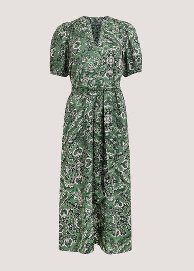 Green Tile Print Belted Midi Dress