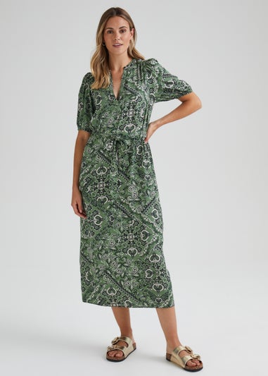 Green Tile Print Belted Midi Dress