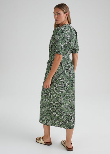 Green Tile Print Belted Midi Dress