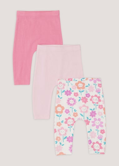 Baby 3 Pack Pink Flower Print Leggings (Newborn-23mths)