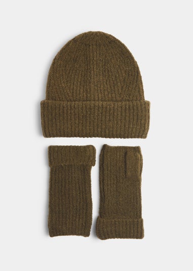 Green Ribbed Beanie & Fingerless Gloves Set