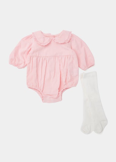 Baby Pink Cord Romper & Cream Tights Set (Newborn-23mths)