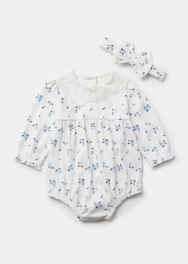 Baby Cream Floral Print Ribbed Romper & Headband Set (Newborn-23mths)