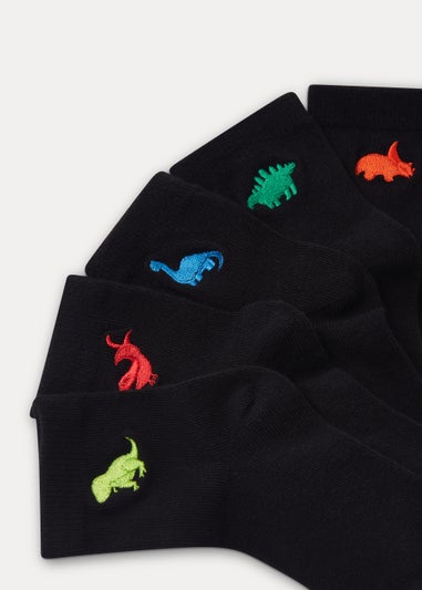 Kids 5 Pack Black Dinosaur Embroidered Socks (Younger 6-Older 6.5)