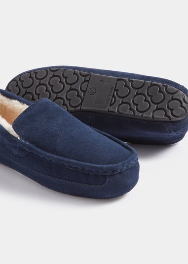 Navy Real Suede Faux Fur Moccasin Slippers