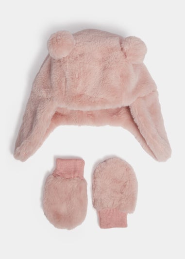 Baby Pink Trapper Hat & Gloves Set (Newborn-24mths)