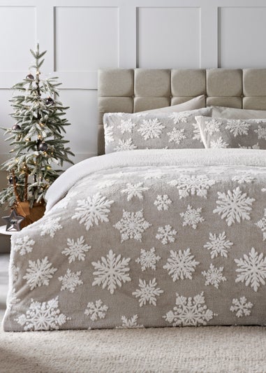 Grey Snowflake Teddy Fleece Duvet Cover Matalan