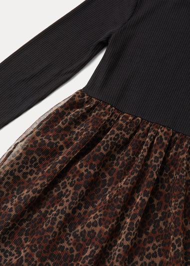 Girls Black Leopard Print Mesh Ribbed Dress (4-13yrs)