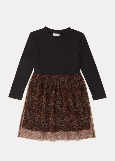 Girls Black Leopard Print Mesh Ribbed Dress (4-13yrs)