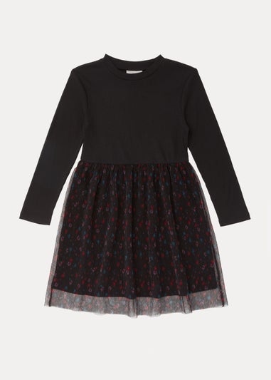 Girls Black Floral Print Mesh Ribbed Dress (4-13yrs)