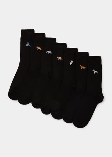 7 Pack Black Animal Embroidered Socks